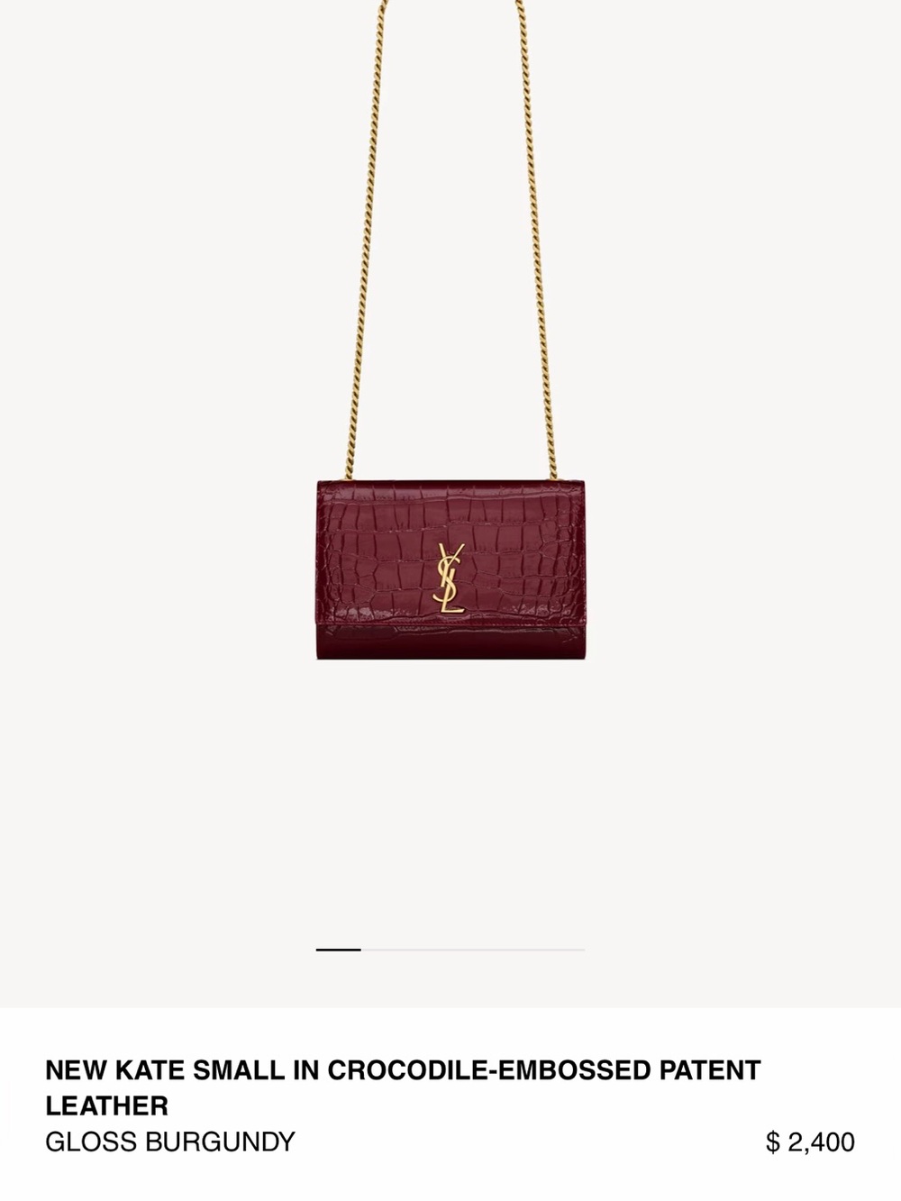 Yves Saint Laurent New Kate Burgundy Patent Croc-Embossed Leather Chain NWT - Picture 8 of 8